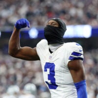 Sep 14, 2025; Arlington, Texas, USA; Dallas Cowboys wide receiver George Pickens (3) reacts after a play against the New York Giants during the fourth quarter at AT&T Stadium.