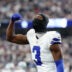 Sep 14, 2025; Arlington, Texas, USA; Dallas Cowboys wide receiver George Pickens (3) reacts after a play against the New York Giants during the fourth quarter at AT&T Stadium.