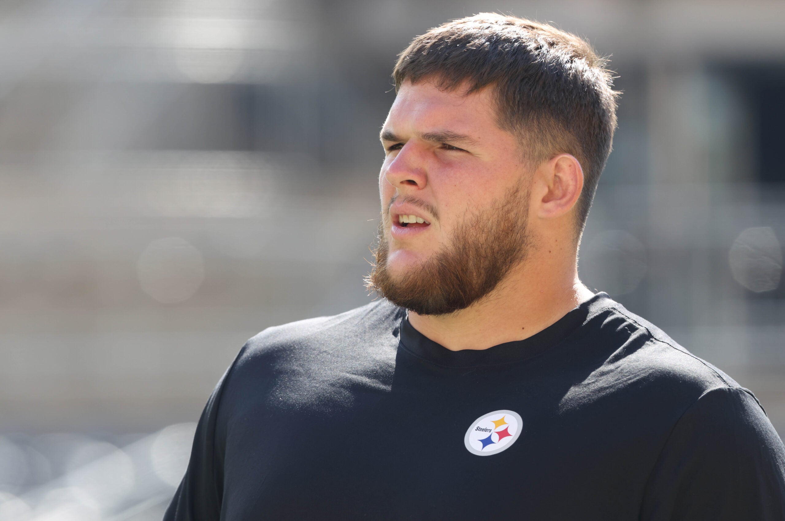 Sep 14, 2025; Pittsburgh, Pennsylvania, USA; Pittsburgh Steelers center Zach Frazier (54) looks on before the game against the Seattle Seahawks at Acrisure Stadium.