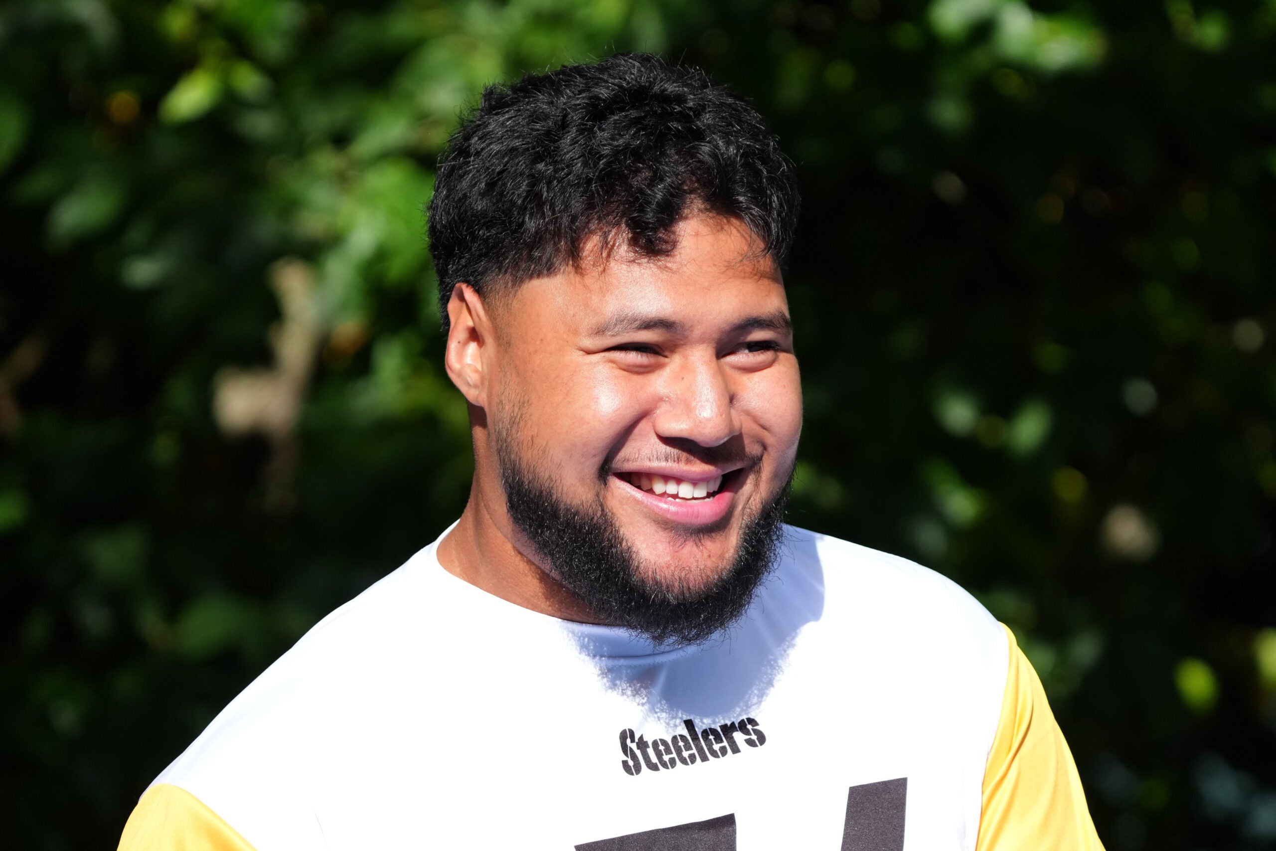 Sep 26, 2025; Maynooth, Ireland; Pittsburgh Steelers offensive tackle Troy Fautanu (76) during practice at Carton House.