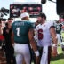 Sep 28, 2025; Tampa, Florida, USA; Philadelphia Eagles quarterback Jalen Hurts (1) and Tampa Bay Buccaneers quarterback Baker Mayfield (6) shake hands after the game at Raymond James Stadium.