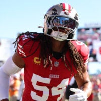 Oct 12, 2025; Tampa, Florida, USA; San Francisco 49ers middle linebacker Fred Warner (54) warms up before a game against the Tampa Bay Buccaneers at Raymond James Stadium.