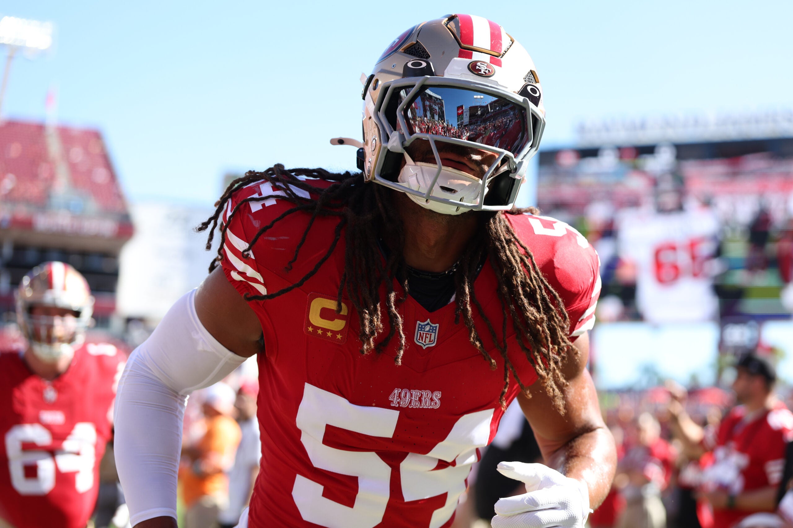 Oct 12, 2025; Tampa, Florida, USA; San Francisco 49ers middle linebacker Fred Warner (54) warms up before a game against the Tampa Bay Buccaneers at Raymond James Stadium.