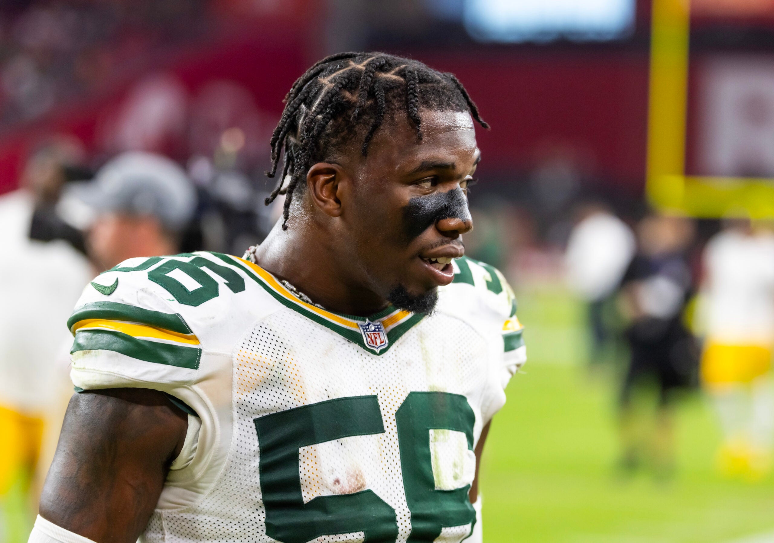 Oct 19, 2025; Glendale, Arizona, USA; Green Bay Packers linebacker Edgerrin Cooper (56) against the Arizona Cardinals at State Farm Stadium.