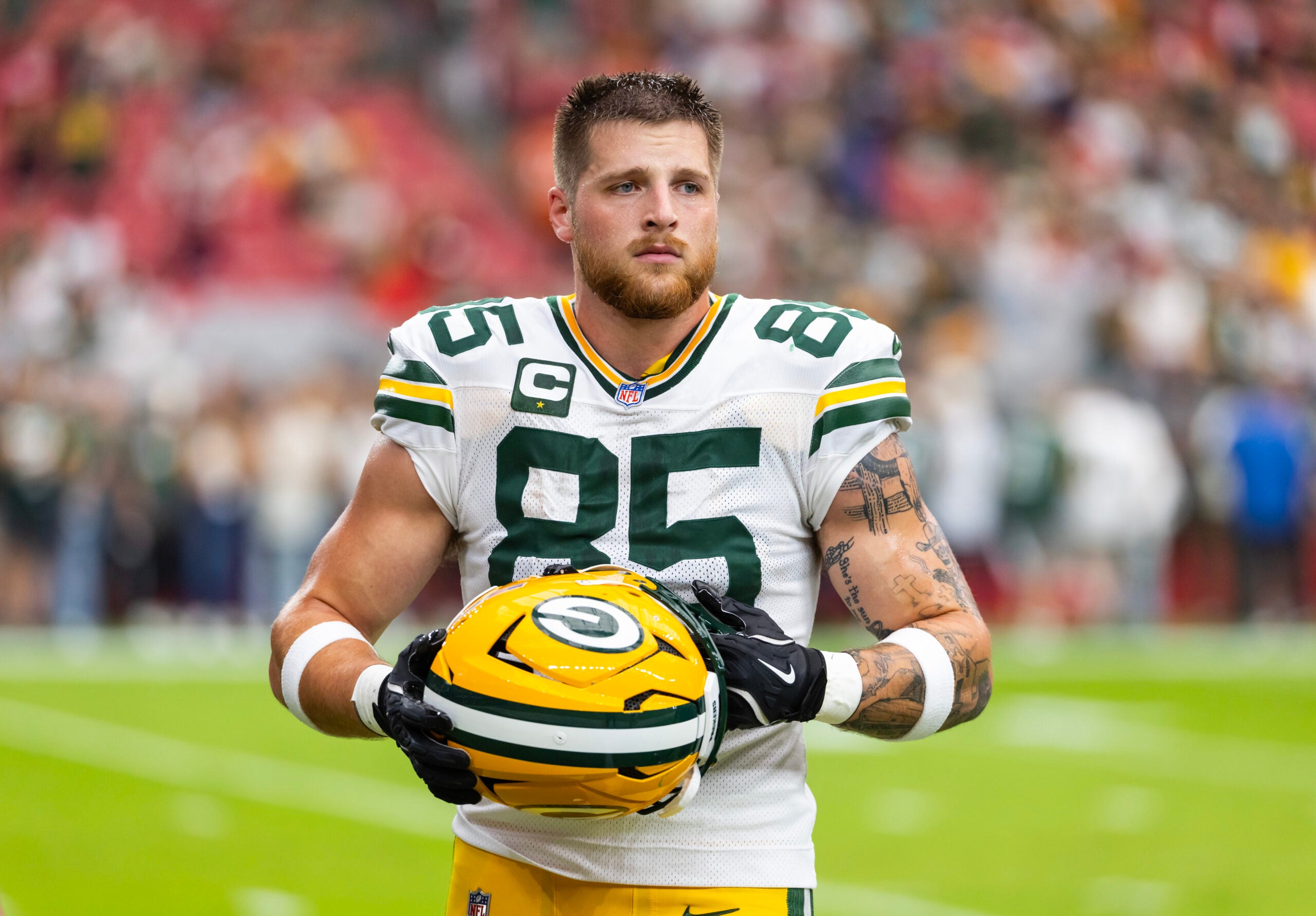 Oct 19, 2025; Glendale, Arizona, USA; Green Bay Packers tight end Tucker Kraft (85) against the Arizona Cardinals at State Farm Stadium.
