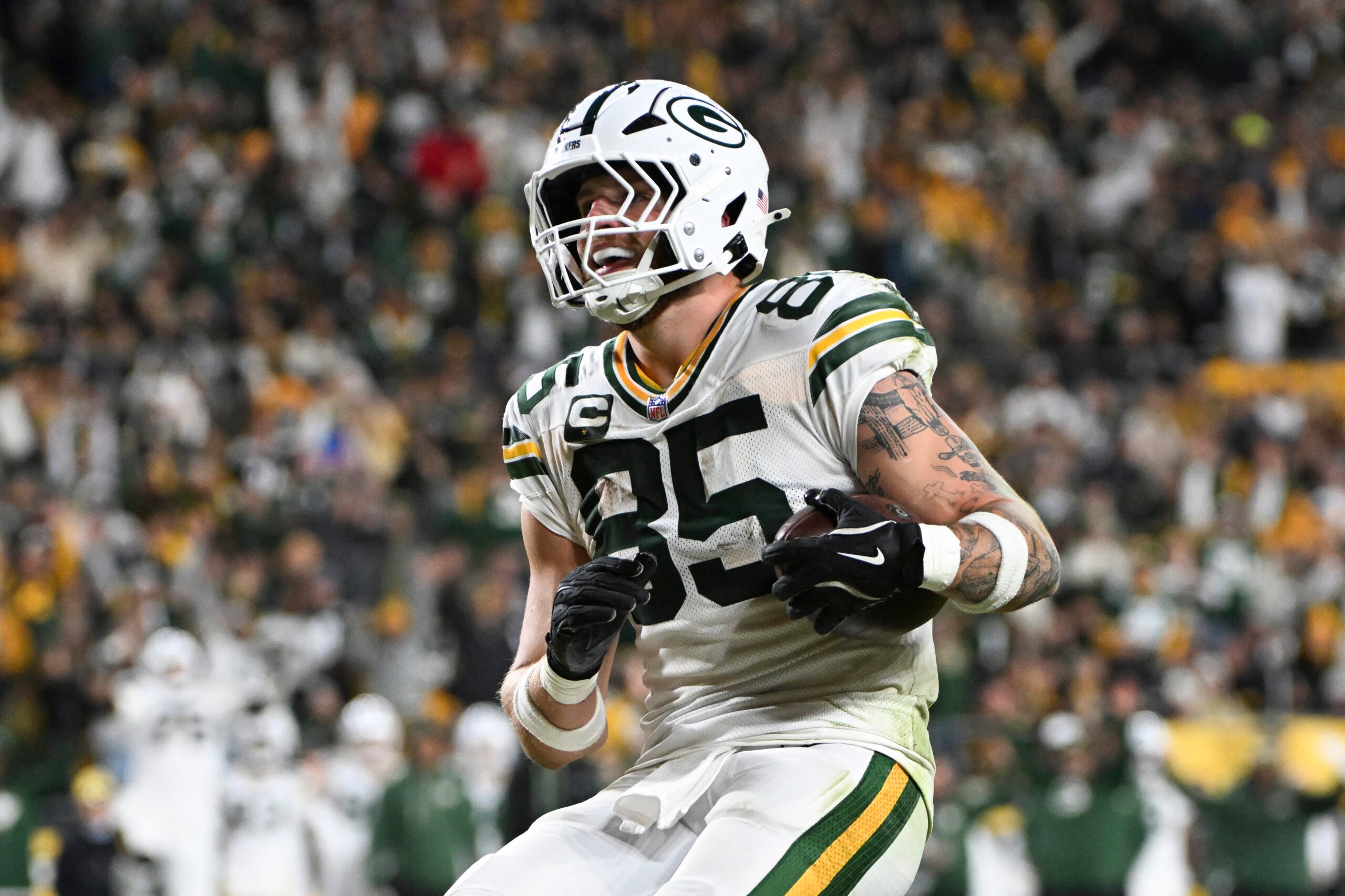 Oct 26, 2025; Pittsburgh, Pennsylvania, USA; Green Bay Packers tight end Tucker Kraft (85) celebrates his touchdown against the Pittsburgh Steelers during the fourth quarter at Acrisure Stadium.