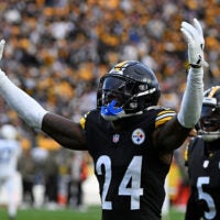 Nov 2, 2025; Pittsburgh, Pennsylvania, USA; Pittsburgh Steelers cornerback Joey Porter Jr. (24) celebrates after a play during the fourth quarter against the Indianapolis Colts at Acrisure Stadium.