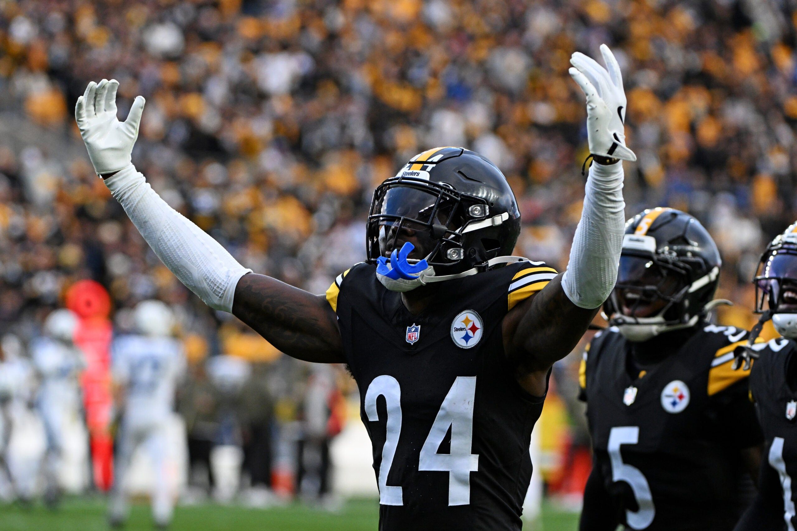 Nov 2, 2025; Pittsburgh, Pennsylvania, USA; Pittsburgh Steelers cornerback Joey Porter Jr. (24) celebrates after a play during the fourth quarter against the Indianapolis Colts at Acrisure Stadium.