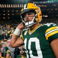 Nov 10, 2025; Green Bay, Wisconsin, USA; Green Bay Packers quarterback Jordan Love (10) warms up prior to a game against the Philadelphia Eagles at Lambeau Field.
