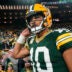 Nov 10, 2025; Green Bay, Wisconsin, USA; Green Bay Packers quarterback Jordan Love (10) warms up prior to a game against the Philadelphia Eagles at Lambeau Field.