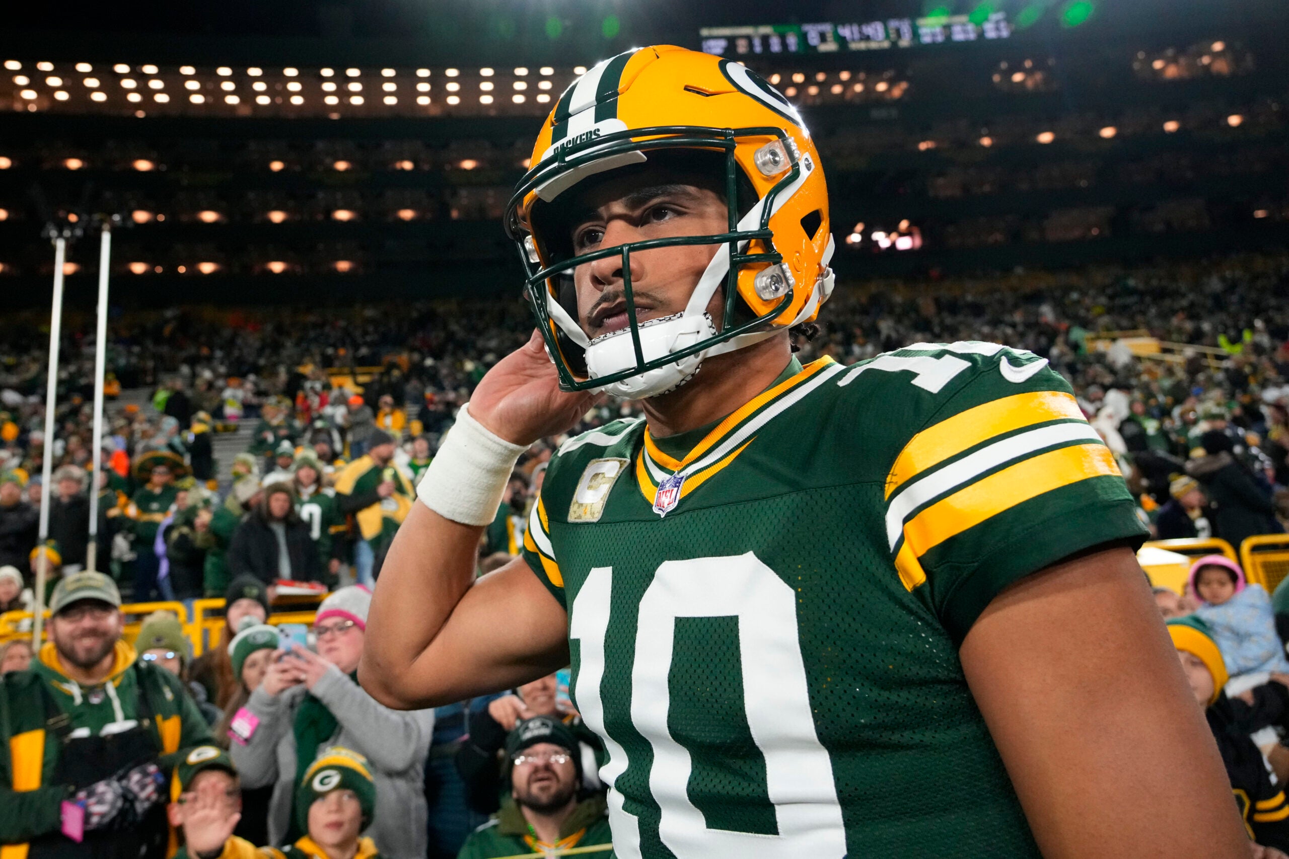 Nov 10, 2025; Green Bay, Wisconsin, USA; Green Bay Packers quarterback Jordan Love (10) warms up prior to a game against the Philadelphia Eagles at Lambeau Field.