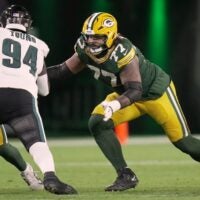 Green Bay Packers offensive tackle Jordan Morgan (77) is shown during the third quarter of their game against the Philadelphia Eagles Monday, November 10, 2025 at Lambeau Field in Green Bay, Wisconsin.