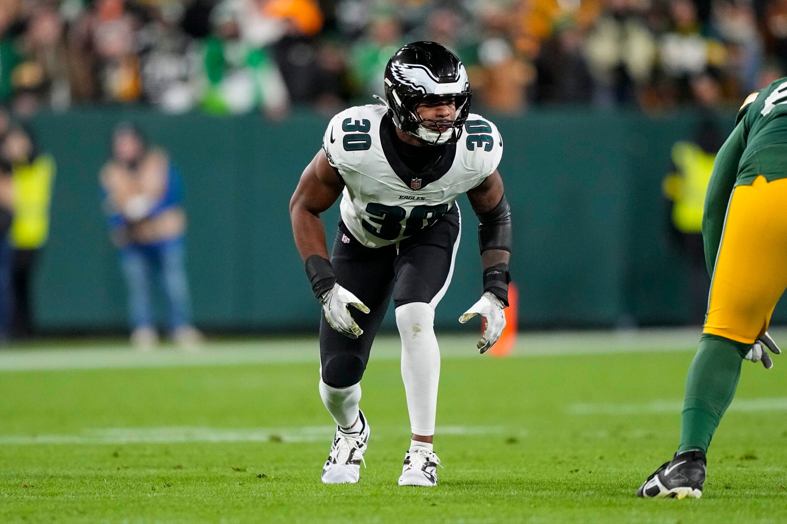 Nov 10, 2025; Green Bay, Wisconsin, USA; Philadelphia Eagles linebacker Jihaad Campbell (30) during the game against the Green Bay Packers at Lambeau Field.