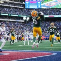 Green Bay Packers safety Evan Williams (33) catches an interception during a game against the New York Giants at MetLife Stadium, Nov 16, 2025, East Rutherford, NJ, USA.