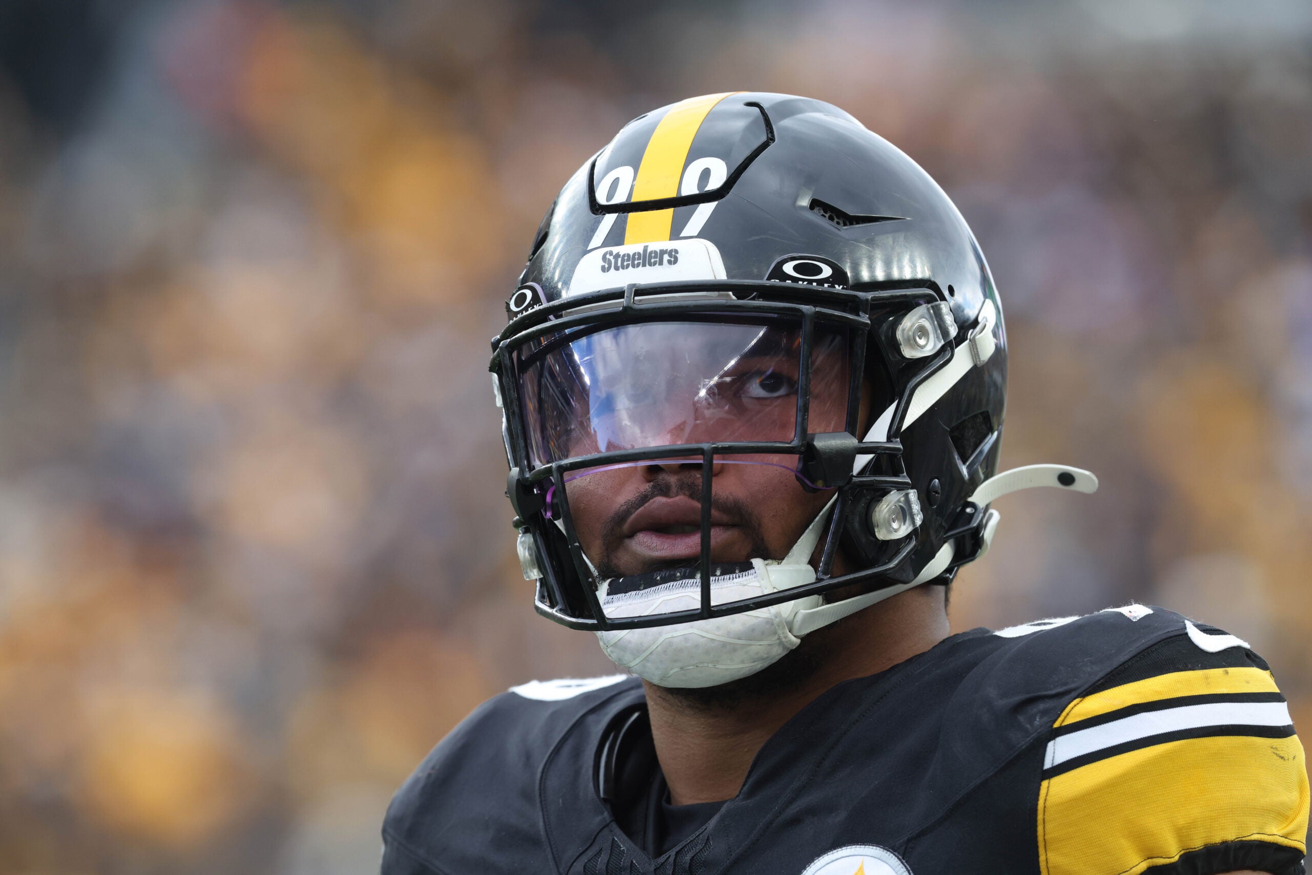 Nov 16, 2025; Pittsburgh, Pennsylvania, USA; Pittsburgh Steelers defensive tackle Derrick Harmon (99) looks on from the sidelines against the Cincinnati Bengals during the second quarter at Acrisure Stadium.