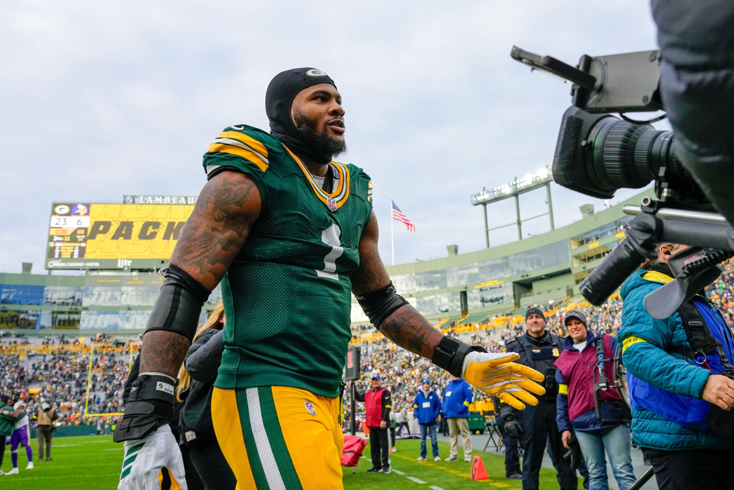 Nov 23, 2025; Green Bay, Wisconsin, USA; Green Bay Packers defensive end Micah Parsons (1) leaves the field following a game Minnesota Vikings at Lambeau Field.