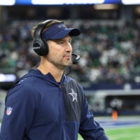 Nov 23, 2025; Arlington, Texas, USA; Dallas Cowboys head coach Brian Schottenheimer looks on before the game against the Philadelphia Eagles at AT&T Stadium.