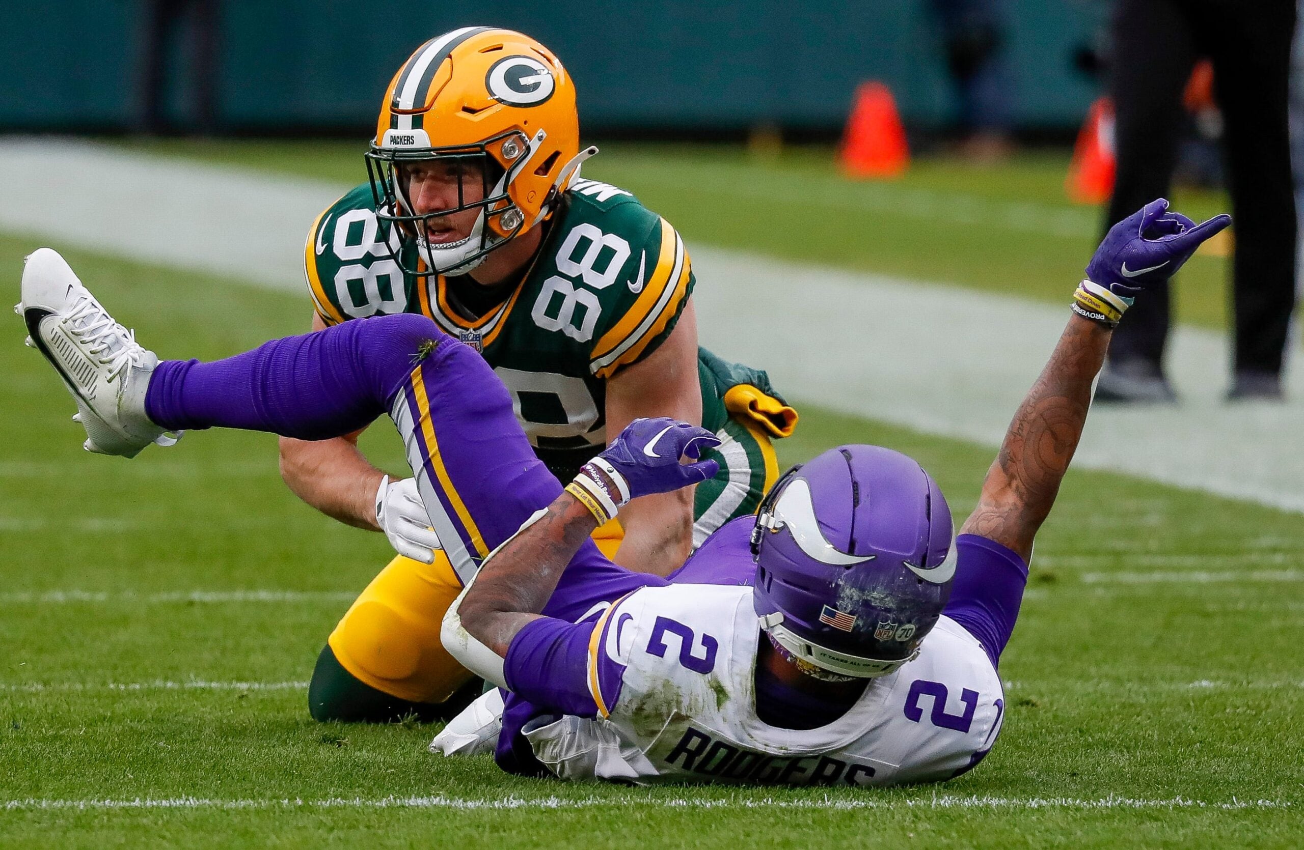 Minnesota Vikings cornerback Isaiah Rodgers (2) wags his finger after breaking up a pass intended for Green Bay Packers tight end Luke Musgrave (88) on Sunday, November 23, 2025, at Lambeau Field in Green Bay, Wis.