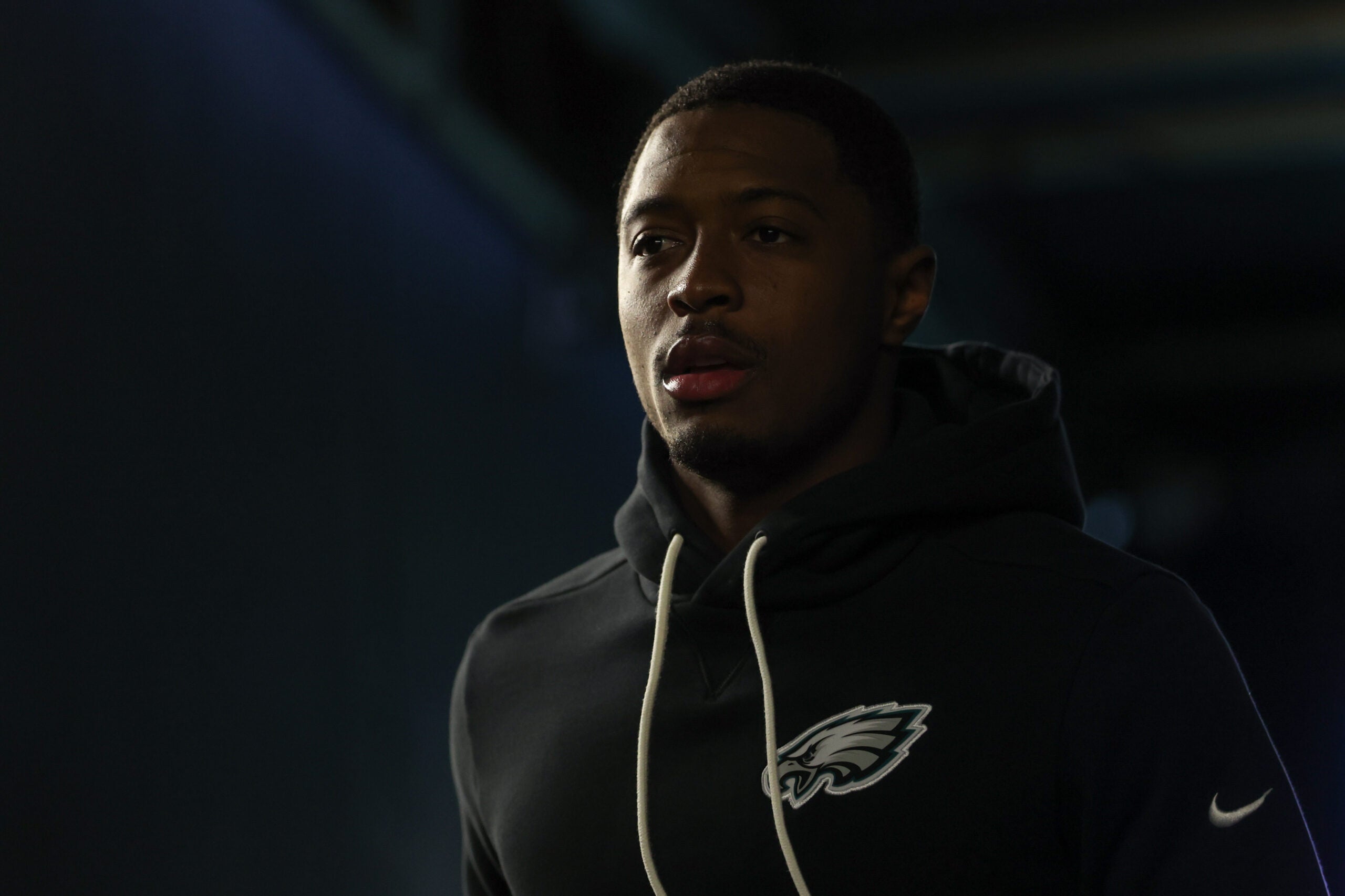 Nov 28, 2025; Philadelphia, Pennsylvania, USA; Philadelphia Eagles cornerback Quinyon Mitchell (27) walks through the tunnel prior to the game against the Chicago Bears at Lincoln Financial Field.