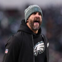 Nov 28, 2025; Philadelphia, Pennsylvania, USA; Philadelphia Eagles head coach Nick Sirianni reacts to a play against the Chicago Bears at Lincoln Financial Field.