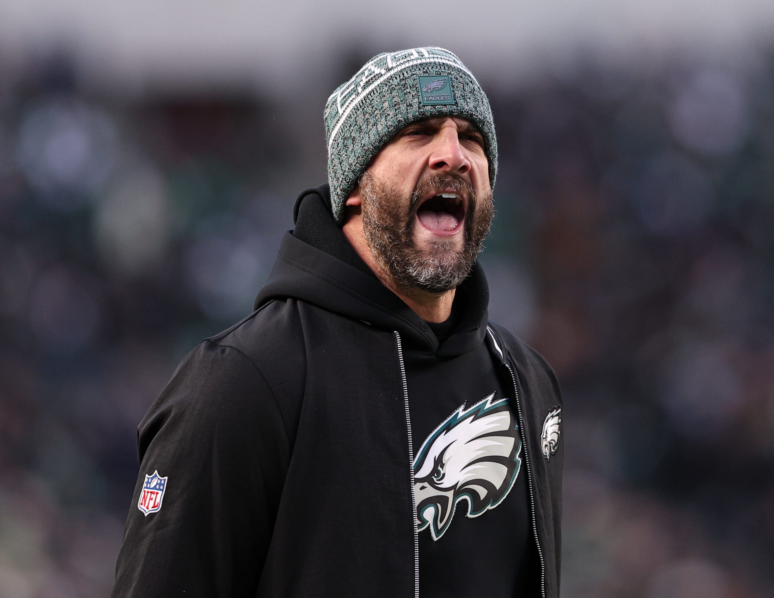 Nov 28, 2025; Philadelphia, Pennsylvania, USA; Philadelphia Eagles head coach Nick Sirianni reacts to a play against the Chicago Bears at Lincoln Financial Field.