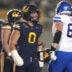 Nov 29, 2025; Berkeley, California, USA; California Golden Bears linebacker Cade Uluave (0) reacts after a tackle during the second quarter against the Southern Methodist Mustangs at California Memorial Stadium.