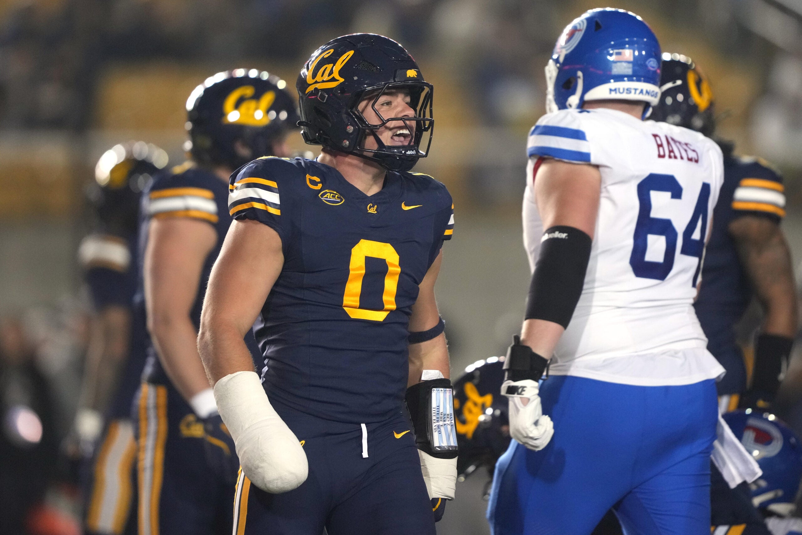 Nov 29, 2025; Berkeley, California, USA; California Golden Bears linebacker Cade Uluave (0) reacts after a tackle during the second quarter against the Southern Methodist Mustangs at California Memorial Stadium.