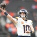 Dec 7, 2025; Paradise, Nevada, USA; Denver Broncos quarterback Bo Nix (10) warms up prior to a game against the Las Vegas Raiders at Allegiant Stadium.