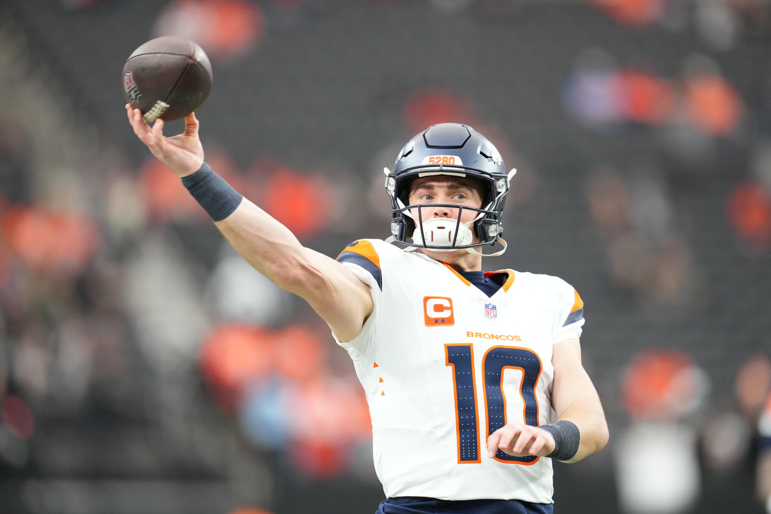 Dec 7, 2025; Paradise, Nevada, USA; Denver Broncos quarterback Bo Nix (10) warms up prior to a game against the Las Vegas Raiders at Allegiant Stadium.