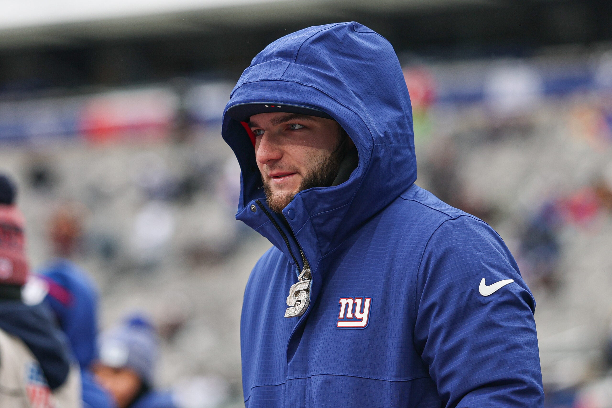 Dec 14, 2025; East Rutherford, New Jersey, USA; New York Giants running back Cam Skattebo (44) on the field before the game against the Washington Commanders at MetLife Stadium.