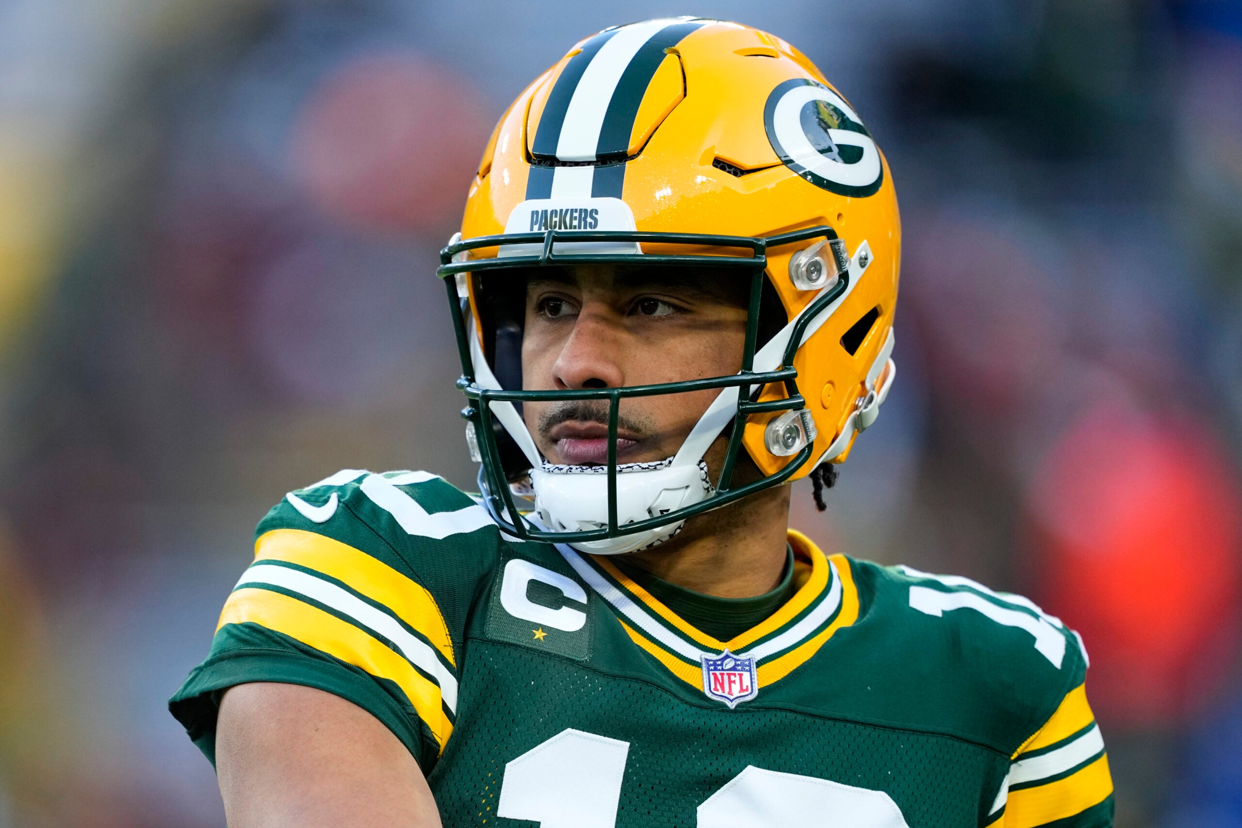 Dec 7, 2025; Green Bay, Wisconsin, USA; Green Bay Packers quarterback Jordan Love (10) during warmups prior to the game against the Chicago Bears at Lambeau Field.
