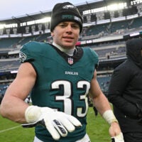 Dec 14, 2025; Philadelphia, Pennsylvania, USA; Philadelphia Eagles cornerback Cooper Dejean (33) walks off the field after win against the Las Vegas Raiders at Lincoln Financial Field.