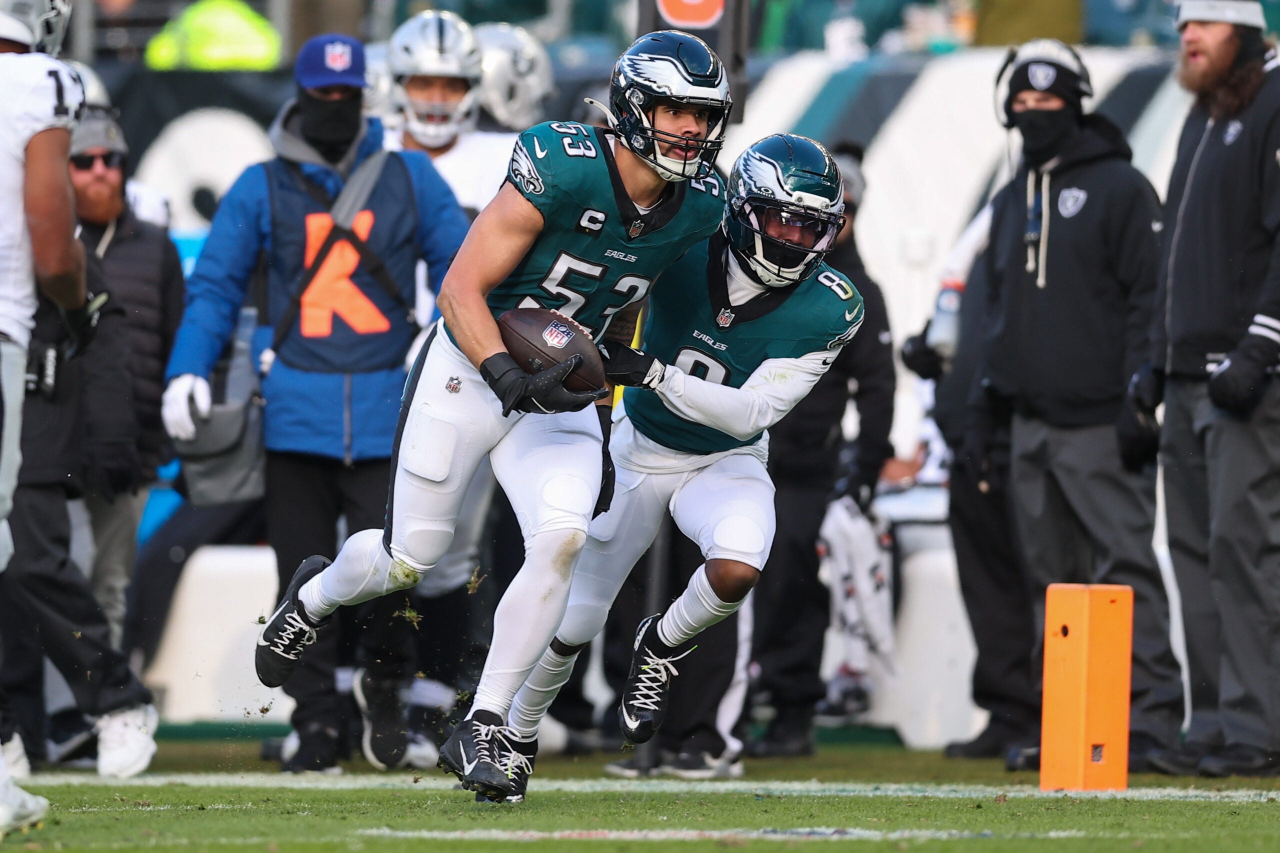 Dec 14, 2025; Philadelphia, Pennsylvania, USA; Philadelphia Eagles linebacker Zack Baun (53) celebrates with cornerback Adoree' Jackson (8) after an interception during the third quarter at Lincoln Financial Field.