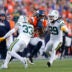 Dec 14, 2025; Denver, Colorado, USA; Denver Broncos wide receiver Courtland Sutton (14) runs for a gain past Green Bay Packers safety Evan Williams (33) and safety Xavier McKinney (29) during the second quarter at Empower Field at Mile High.