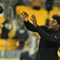 Dec 15, 2025; Pittsburgh, Pennsylvania, USA; Pittsburgh Steelers tight end Darnell Washington (80) warms up for a game against the Miami Dolphins at Acrisure Stadium.