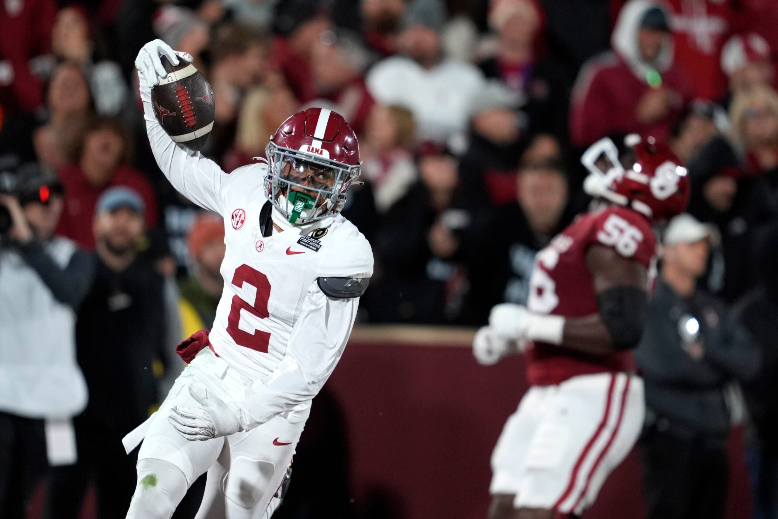 Alabama Crimson Tide defensive back Zabien Brown (2) celebrates after returning an interception for a touchdown during a first-round College Football Playoff game between the University of Oklahoma Sooners (OU) and the Alabama Crimson Tide at Gaylord Family – Oklahoma Memorial Stadium in Norman, Okla., Friday, Dec. 19, 2025.