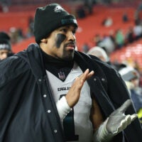 Dec 20, 2025; Landover, Maryland, USA; Philadelphia Eagles quarterback Jalen Hurts (1) leaves the field after defeating the Washington Commanders at Northwest Stadium.