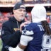Dec 25, 2025; Landover, Maryland, USA; Washington Commanders head coach Dan Quinn speaks to Dallas Cowboys wide receiver Kavontae Turpin (9) after the game at Northwest Stadium.