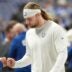 Indianapolis Colts tight end Tyler Warren (84) makes his way into the locker room Sunday, Dec. 28, 2025, ahead of a game against the Jacksonville Jaguars at Lucas Oil Stadium in Indianapolis.