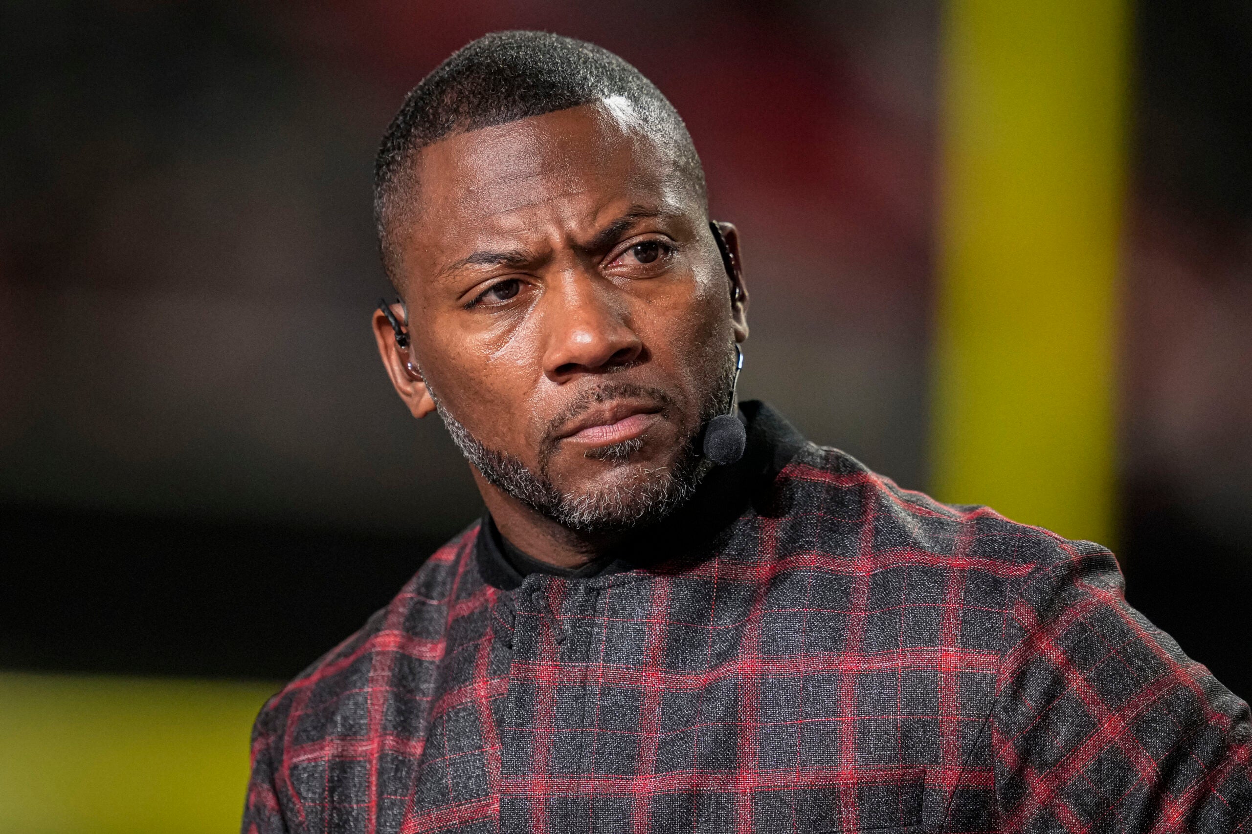 Dec 29, 2025; Atlanta, Georgia, USA; ESPN MNF broadcaster Ryan Clark shown on set prior to the game between the Los Angeles Rams against the Atlanta Falcons at Mercedes-Benz Stadium.