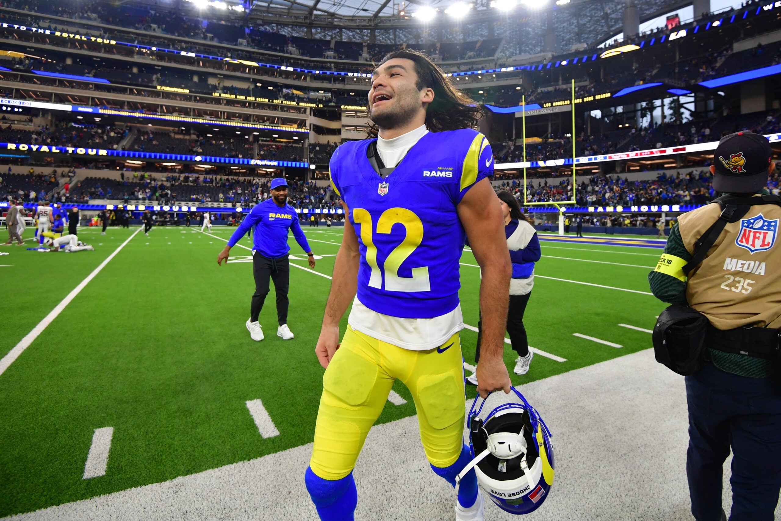 Jan 4, 2026; Inglewood, California, USA; Los Angeles Rams wide receiver Puka Nacua (12) leaves the field following a game against the Arizona Cardinals at SoFi Stadium.