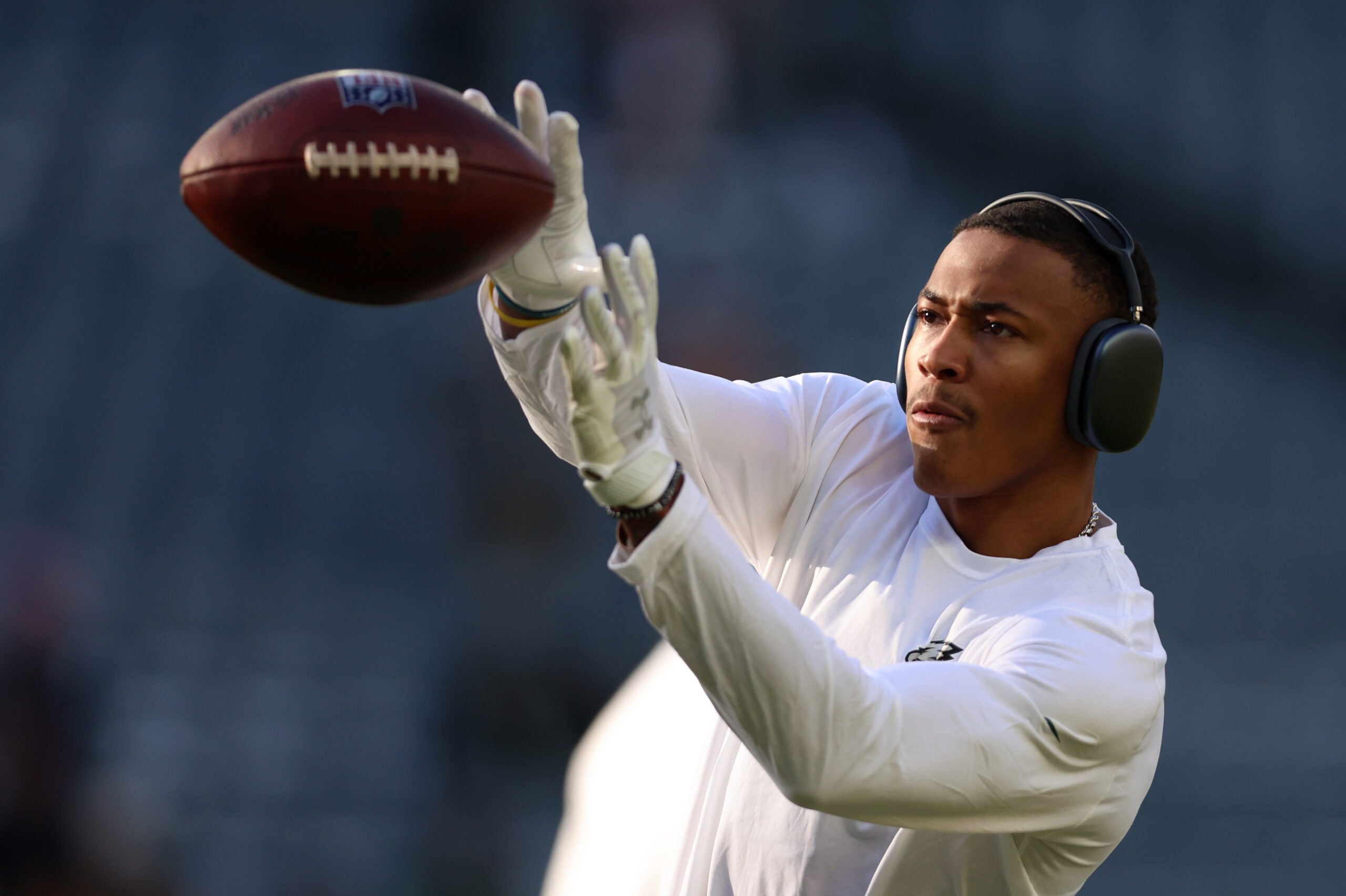 Jan 11, 2026; Philadelphia, PA, USA; Philadelphia Eagles wide receiver DeVonta Smith (6) warms up prior to in an NFC Wild Card Round game against the San Francisco 49ers at Lincoln Financial Field.