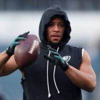 Jan 11, 2026; Philadelphia, PA, USA; Philadelphia Eagles running back Saquon Barkley (26) warms up prior to an NFC Wild Card Round game against the San Francisco 49ers at Lincoln Financial Field.