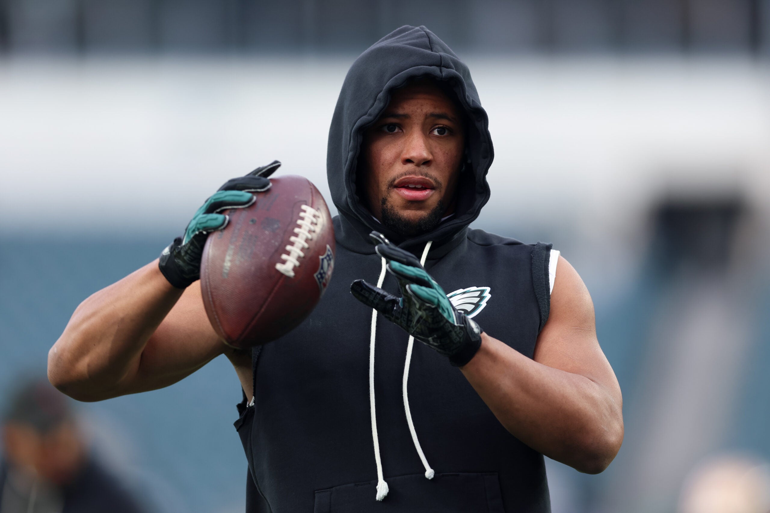 Jan 11, 2026; Philadelphia, PA, USA; Philadelphia Eagles running back Saquon Barkley (26) warms up prior to an NFC Wild Card Round game against the San Francisco 49ers at Lincoln Financial Field.