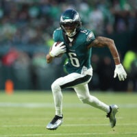 Jan 11, 2026; Philadelphia, PA, USA; Philadelphia Eagles wide receiver DeVonta Smith (6) in action against the San Francisco 49ers in an NFC Wild Card Round game at Lincoln Financial Field.
