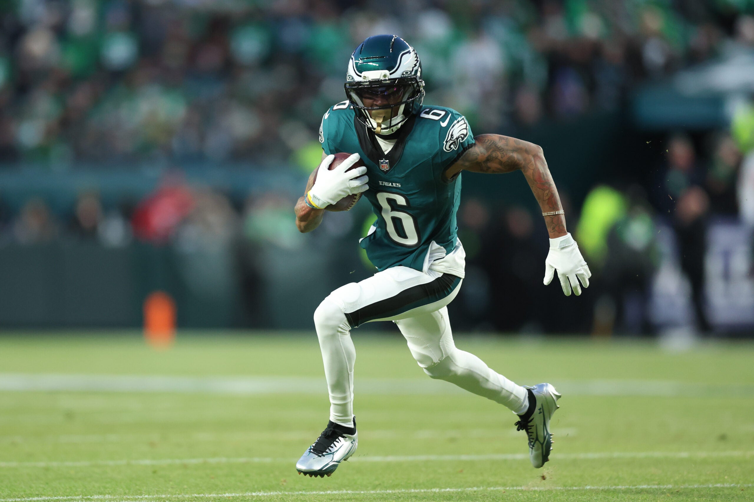 Jan 11, 2026; Philadelphia, PA, USA; Philadelphia Eagles wide receiver DeVonta Smith (6) in action against the San Francisco 49ers in an NFC Wild Card Round game at Lincoln Financial Field.