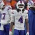 Buffalo Bills running back James Cook III looks to the sidelines as the teams change positions at the end of the third quarter at Empower Field at Mile High in Denver, Colorado on Jan. 17, 2026.