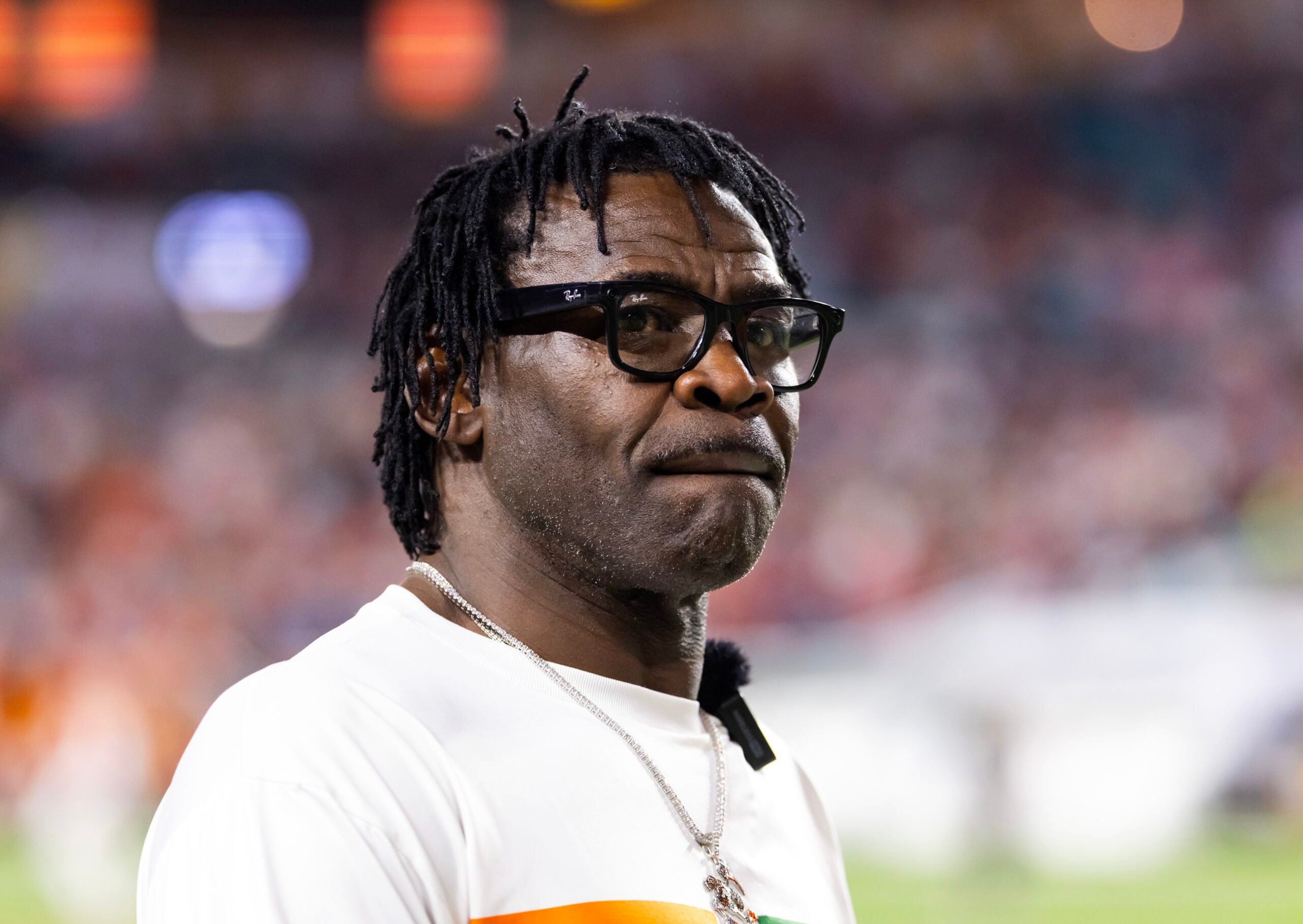 Jan 19, 2026; Miami Gardens, FL, USA; Miami Hurricanes former player Michael Irvin against the Indiana Hoosiers during the College Football Playoff National Championship game at Hard Rock Stadium.