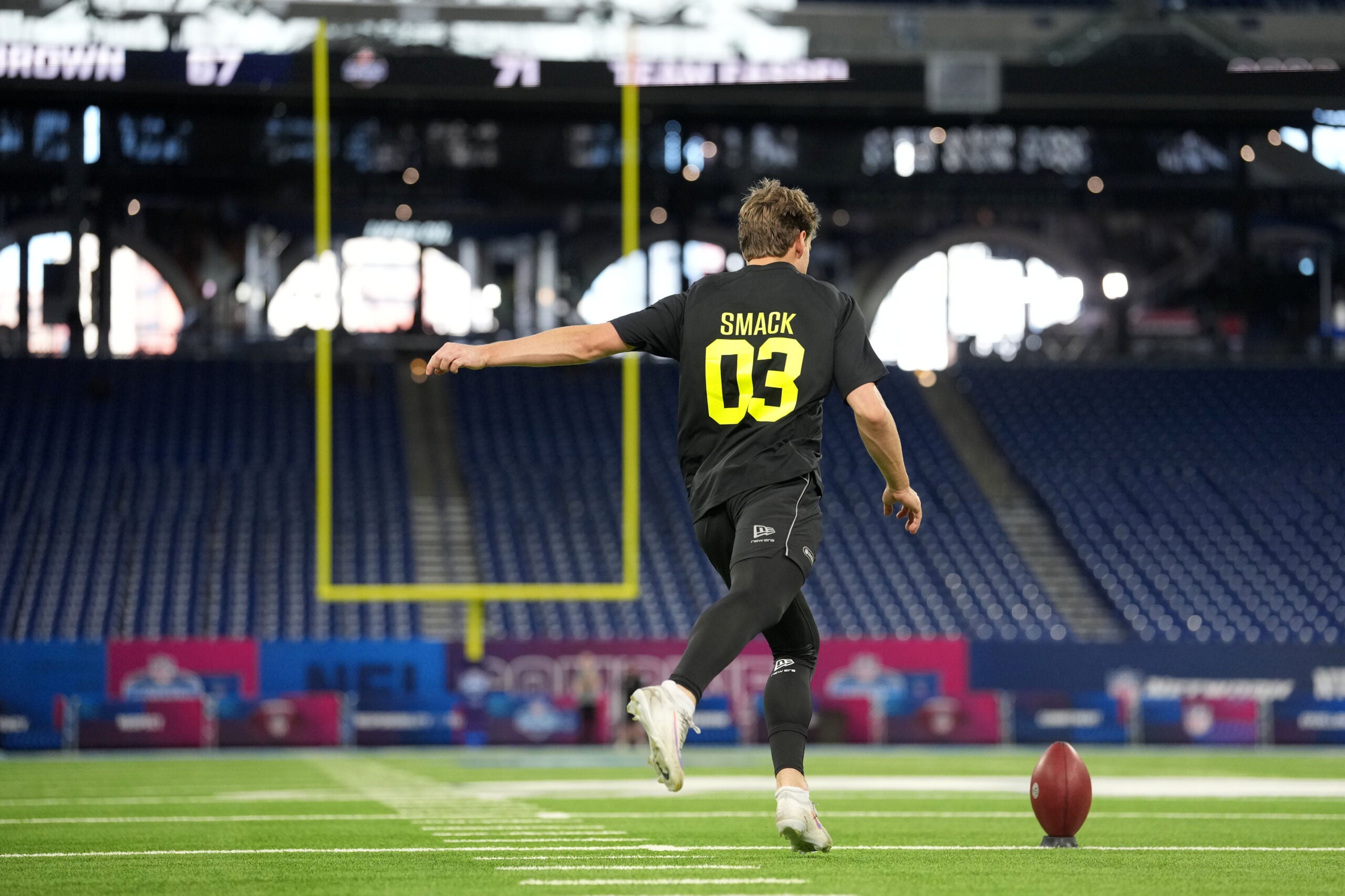 Feb 25, 2026; Indianapolis, IN, USA; Florida place kicker Trey Smack (PK03) kicks the ball during the NFL Scouting Combine at Lucas Oil Stadium.