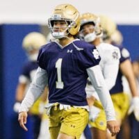 Wide receiver Jaden Greathouse (1) during a Notre Dame football practice at Irish Athletic Center on Friday, March 20, 2026, in South Bend.